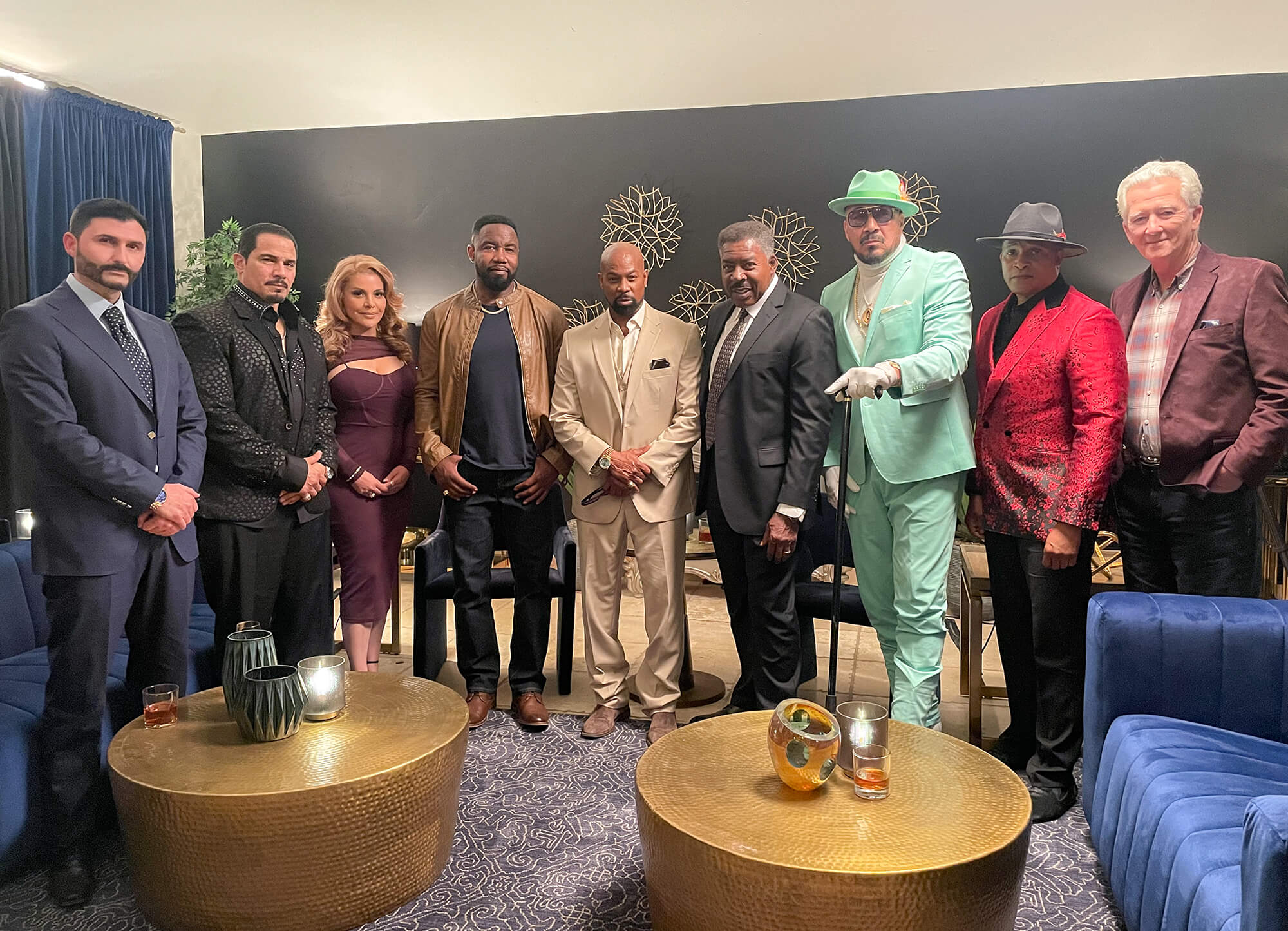 Nazo Bravo, Ernie Hudson, Michael Jai White, Patrick Duffy, and other prominent cast on set of The Family Business, Season 6.