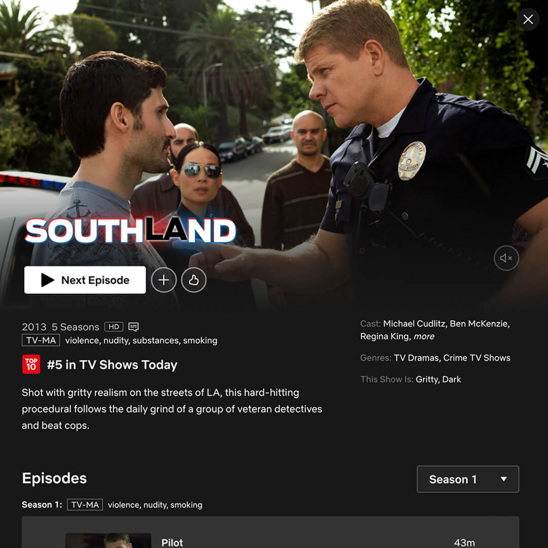 Nazo Bravo, Lucy Liu, and Michael Cudlitz on SouthLAnd, now streaming on Netflix